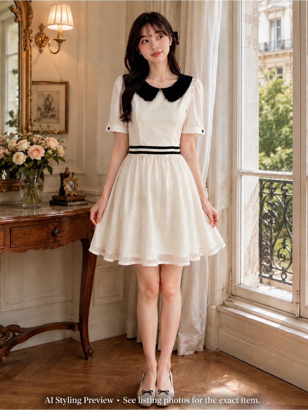 Coquette Sailor Collar Fit & Flare Dress M/L Cream Black NWT